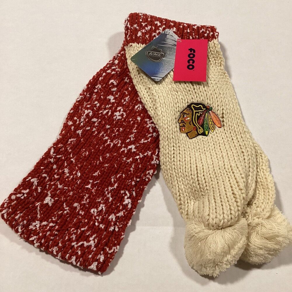 New Chicago Blackhawks Hockey Scarf Red And White Confetti With Poms
